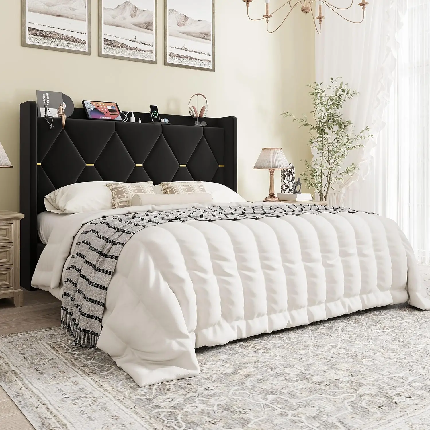 

Full Size Velvet Upholstered Bed Frame with Charging Station, Modern Wingback Storage Headboard, Diamond Stitched & Gold