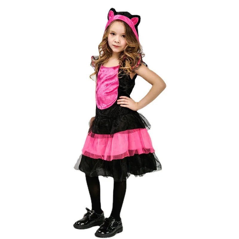 Gato rosa infantil princesa vestido, fantasia cosplay halloween, doce performance de palco, roupas do festival da festa, moda fofa