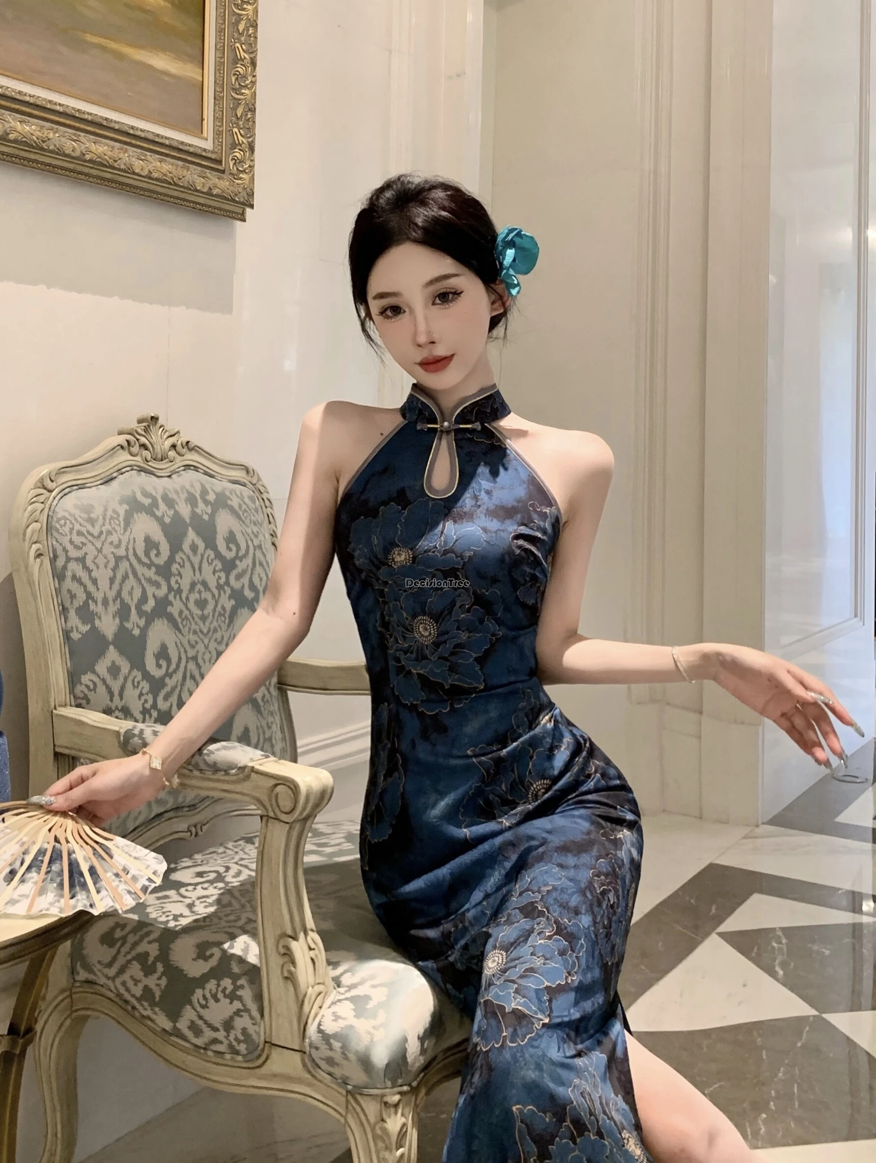 

2025 new chinese-style jacquard satin improved elegant cheongsam printed sleeveless slimming sexy printed retro long qipao dress