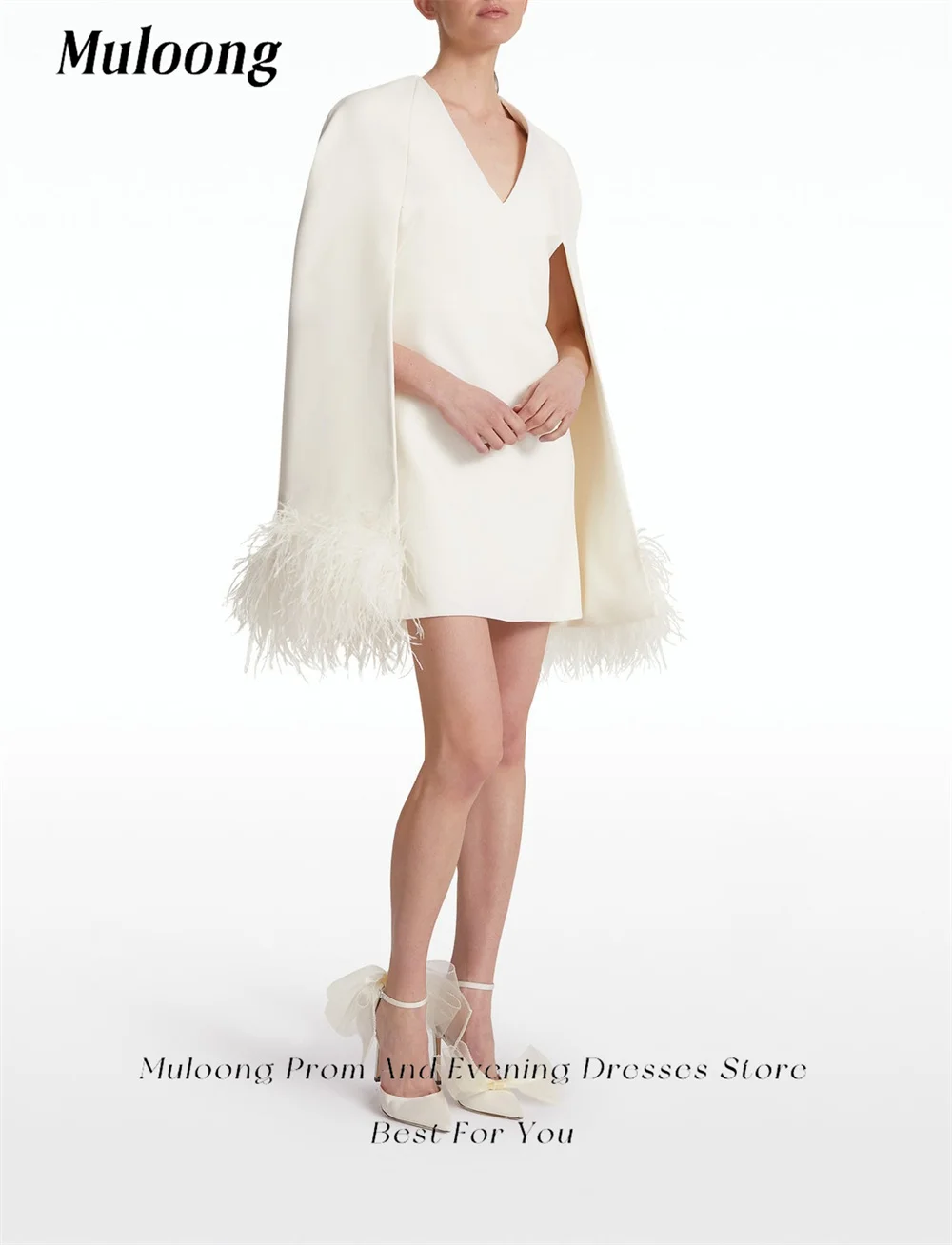 Muloong Ivory Caped Mini Dress with Split Sleeves V Neck Party Dresses Feathers Straight Haute Couture Dress