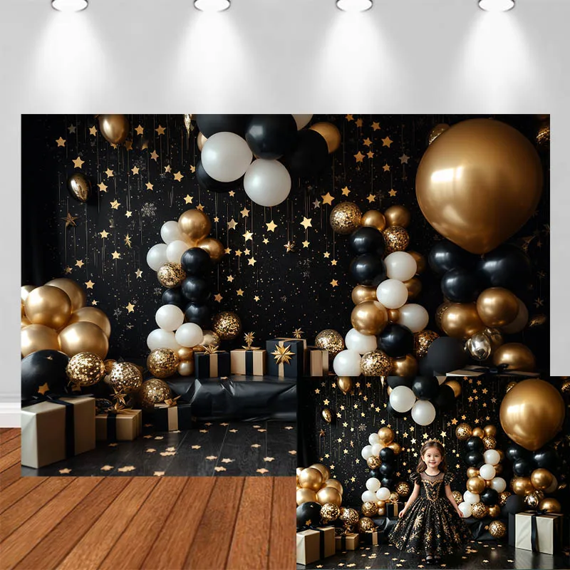 

LS Photography Background Black Gold Starry Balloon Arch Gift Box Decoration Birthday Adult Kids Portrait Photo Backdrop Studio