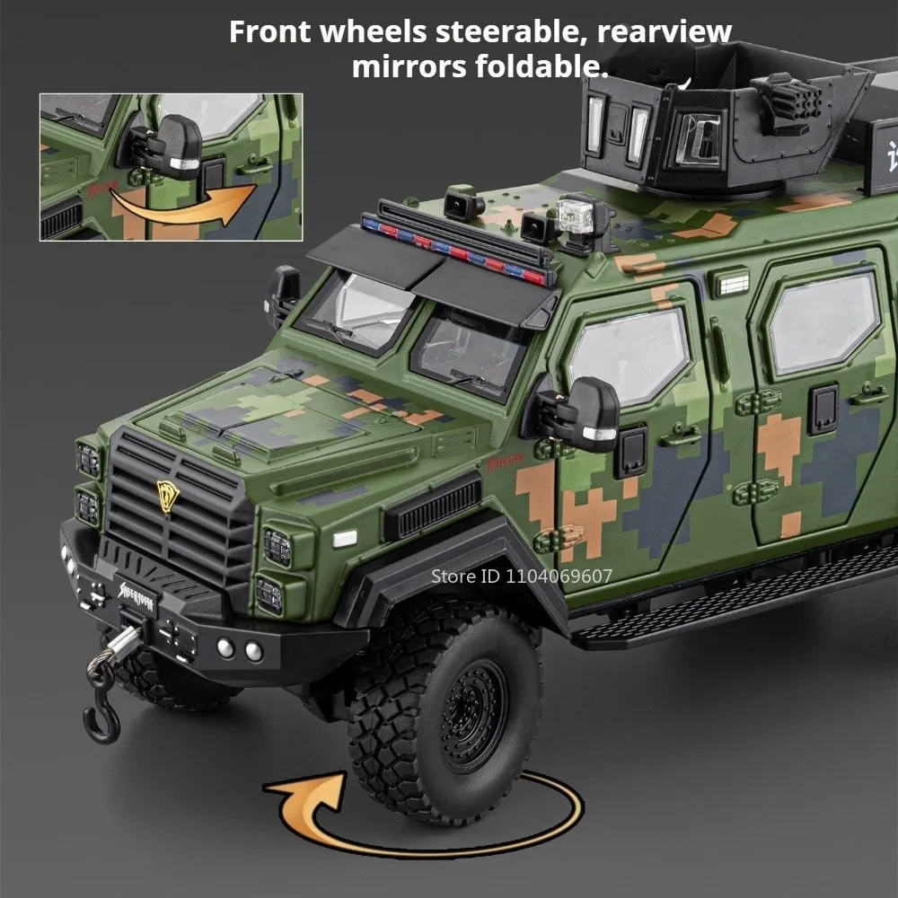 Modèle de voiture blindée MengShi Sabertooth 1:24, jouet en métal moulé sous pression, son et lumière, portes ouvertes, Simulation de voitures tout-terrain pour garçons