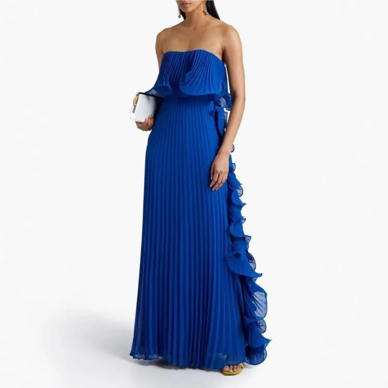 Trendy Women Summer Holiday Dress Orange Pleated Chiffon Long Formal Dresses Custom Made Ruffled Strapless Beach Party Dress