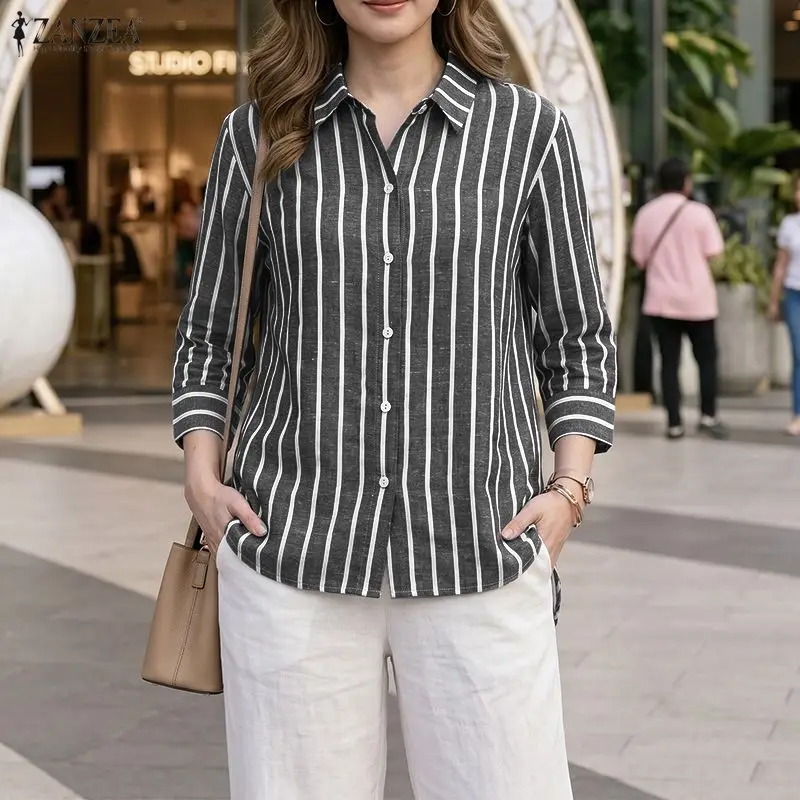 ZANZEA Woman Casual Striped High-Low Shirts Turn-Down Collar 3/4 Sleeve Button Up Blouses 2026 Autumn Commute Work Chemise Femme