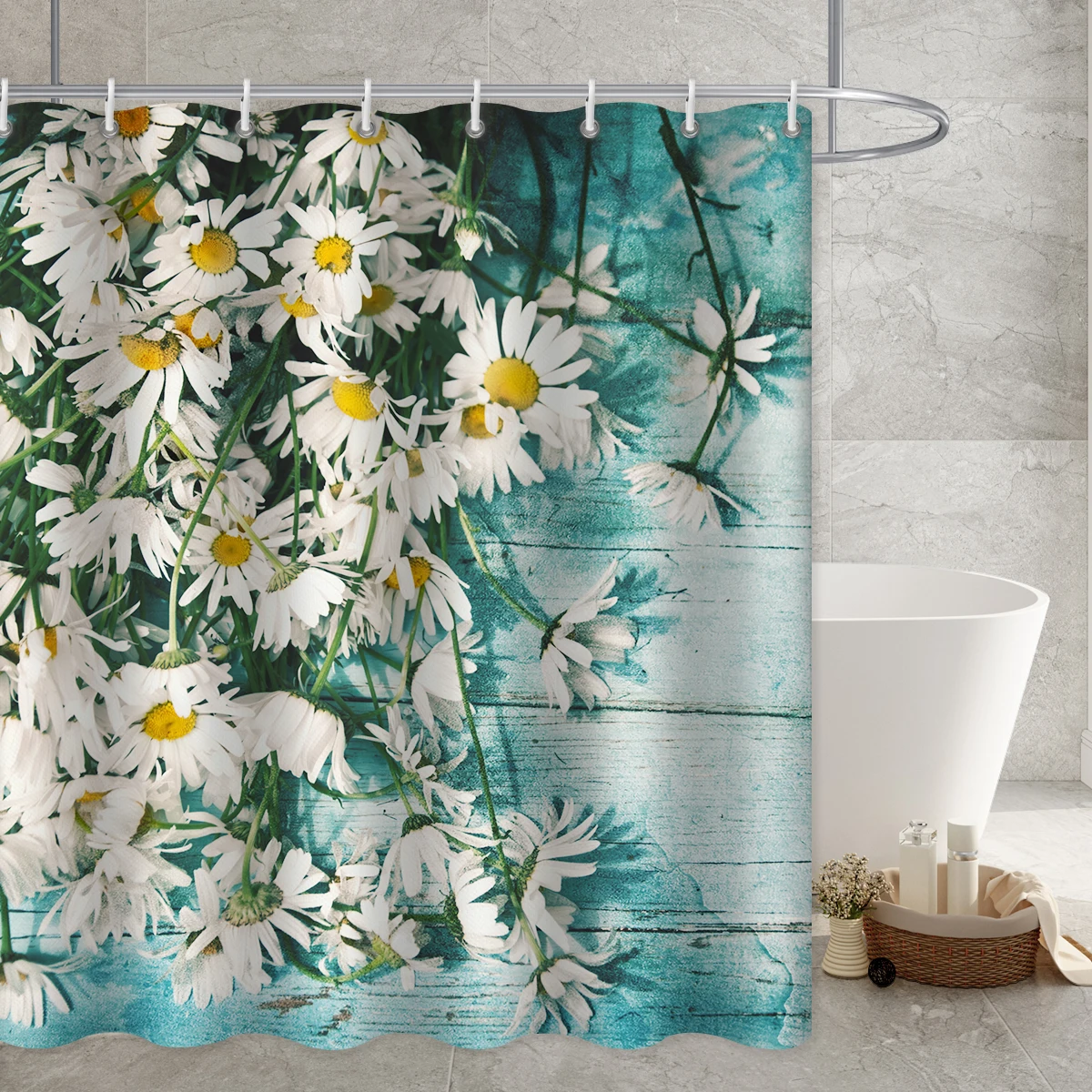 Daisy Floral Printed Long Shower Curtain Waterproof American Country Farm Style Bathroom Accessories Curtain Hooks Cortina Ducha