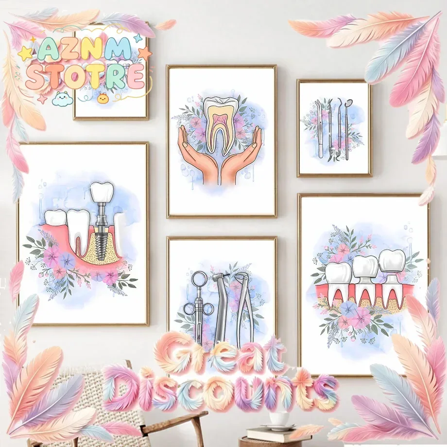 Watercolor Tooth Anatomy Floral Caduceus Dentist Gift Wall Art Canvas Painting Posters And Prints Wall Pictures For Clinic De