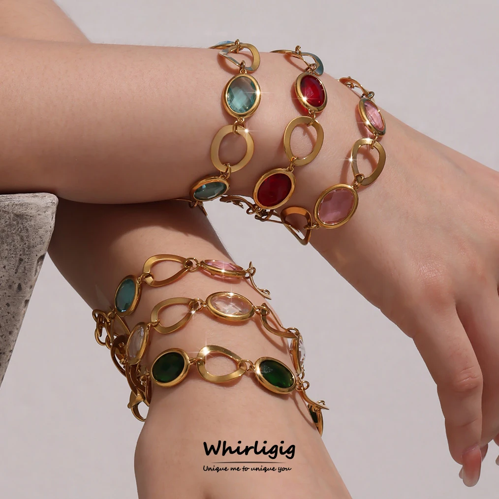 

Shiny Chain Style Stainless Steel Bracelet for Women Luxury Czech Glass Gold Plated Charm Banquet Jewelry