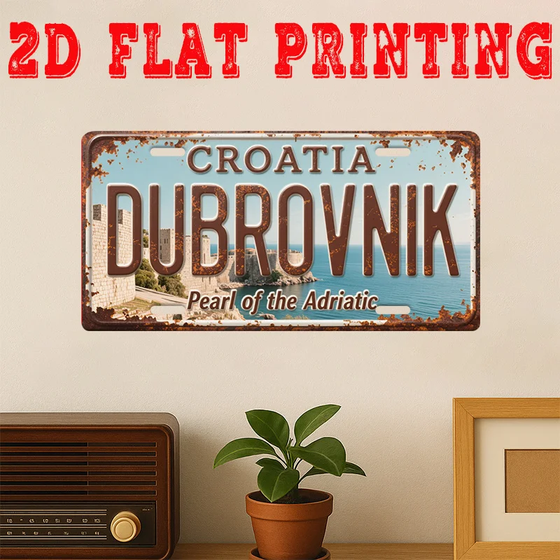 2D-gedrucktes Schild, einteilig, Vintage-Metallblechschild, dekoratives Schild und Schild, Stadtschild von Dubrovnik, Retro-Wandkunst