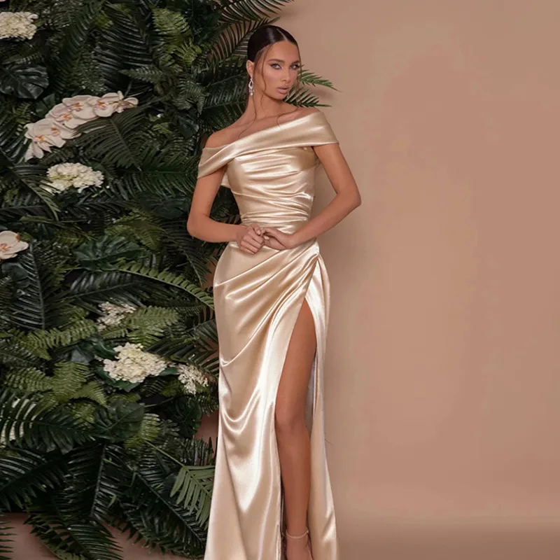 

Silk One Shoulder Dress With Split Dress, Elegant And Stylish Women'S Dress, Sexy Split Long Dress