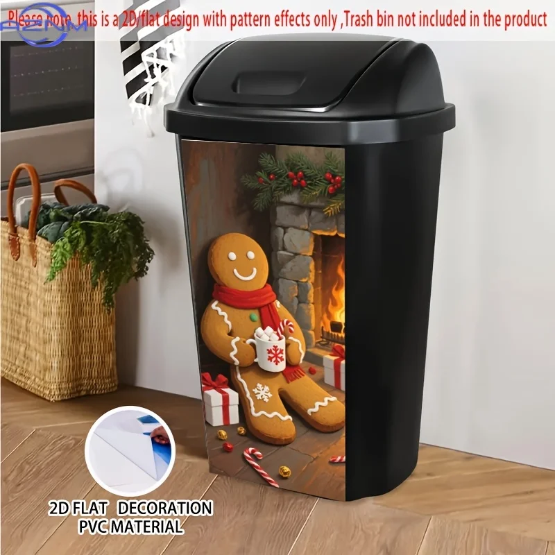 One Piece, Two-Dimensional Flat Sticker for Trash Cans Featuring a Gingerbread Man with a Red Scarf And a Hot Beverage Design,