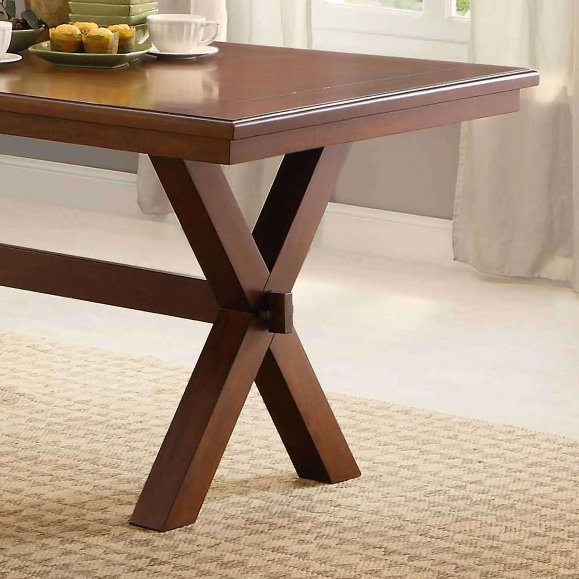 Dining Table Brown Finish Sturdy Construction Features Two Pairs of Crossed Legs Easy Assembly Sturdy Construction