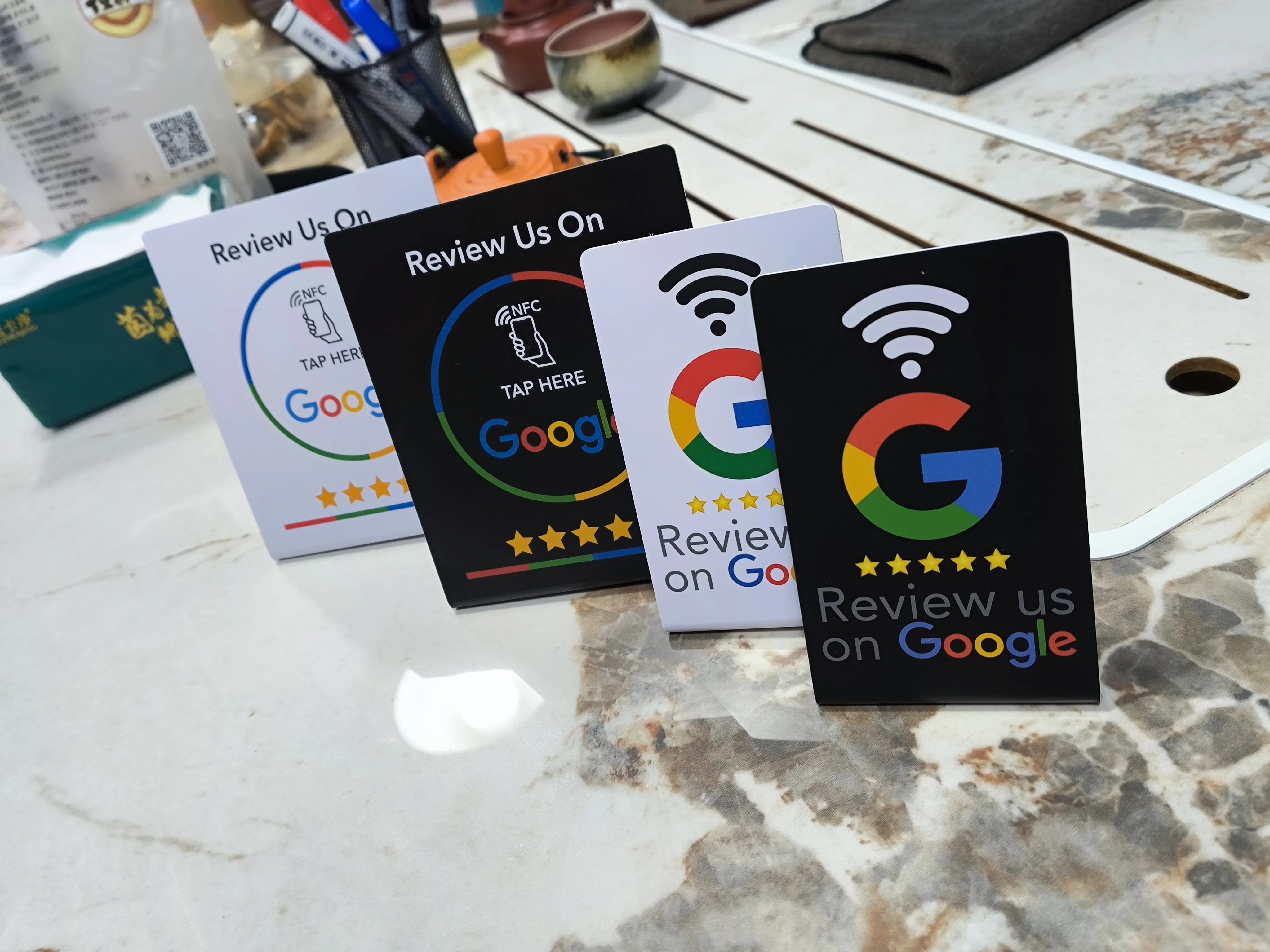 13.56Mhz programmable Google Review Card NFC station table NFC Google Reviews display bending card standing brand bracket