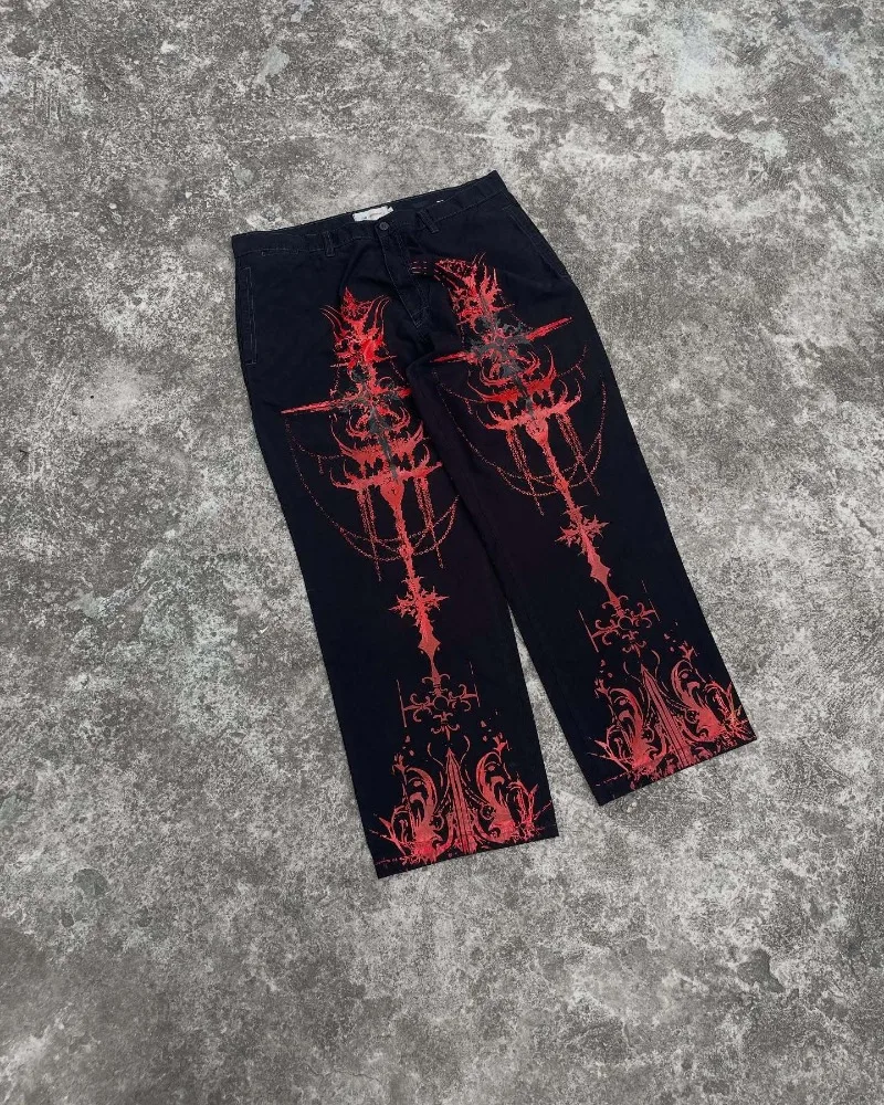 فاسق القوطية مخطط طباعة روك فضفاض عالية الخصر السراويل النساء الهيب هوب Harajuku Y2K الشارع الشهير موضة المتضخم غسل الجينز