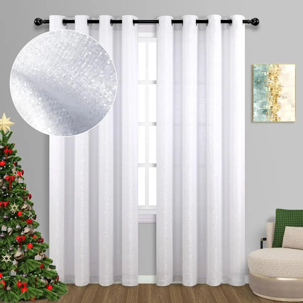 

White Silver Curtains 108 Inches Long for Floor to Ceiling 2 Panels Grommet Window Draperies Shiny Sparkle Shimmer Glitter Metal