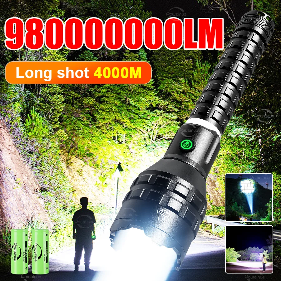 

2026 Most Powerful LED Flashlight Strong Light 4000M Zoom Flashlights Rechargeable 18650 Tactical Torch Camping Fishing Lantern