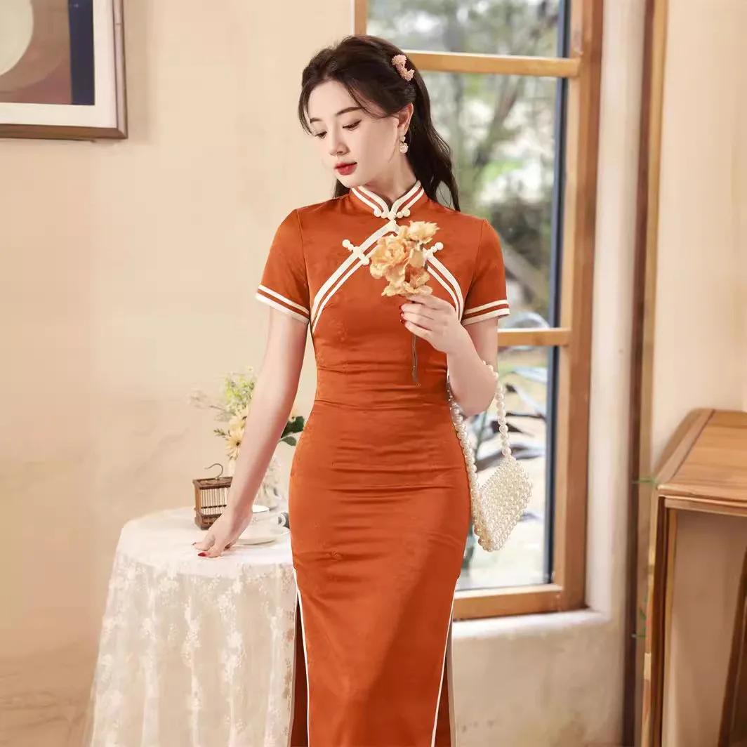 

Traditional Qipao Chinese Style Dress Sexy Slim Split Vestidos Women Silky Cheongsam Casual 2024 New Spring Summer Daily Dresses