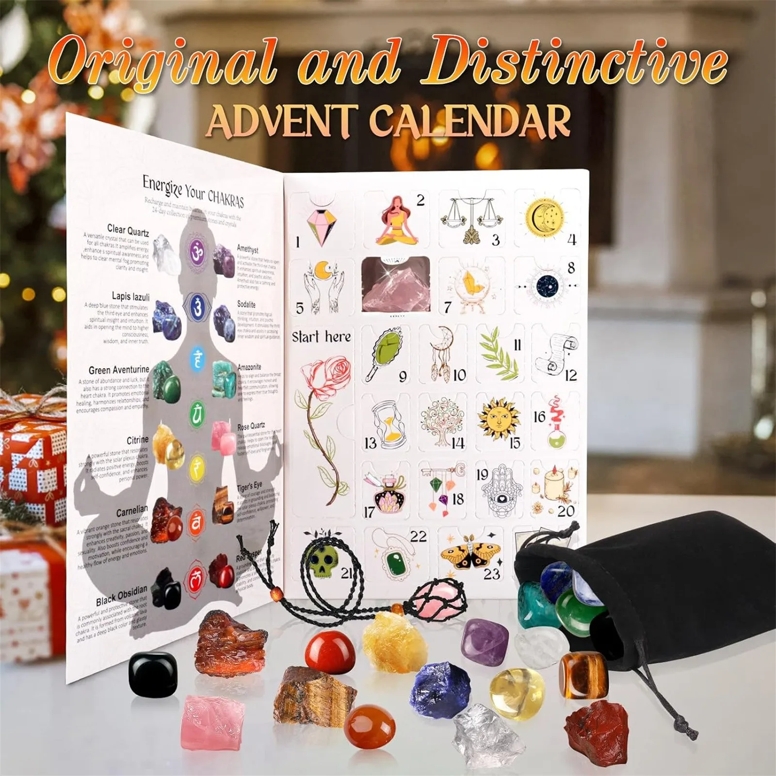 

24 Days Christmas Countdown Calendar Natural Crystal Healing Stones Advent Gift Box Festive Holiday Decor Unique Daily Surprise