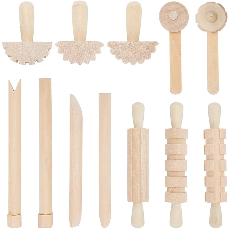 12Pcs Clay and Dough Tools Play Accessories Includes Rollers Hammer Party Pack Wood Pottery Tools Stamps for Clay Art