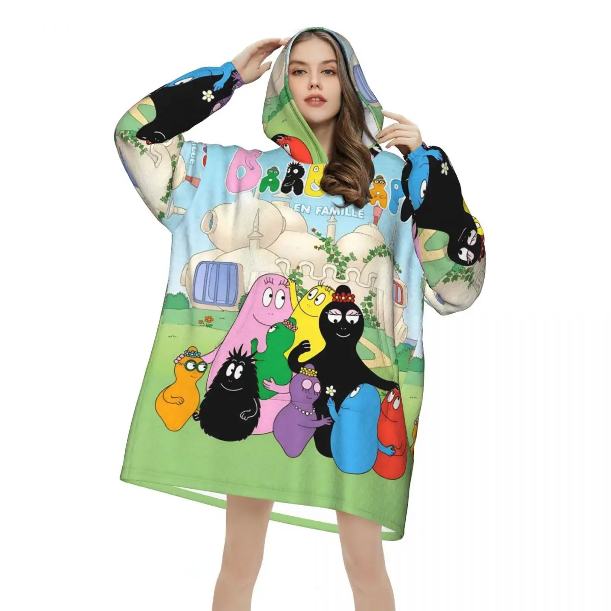 Kawaii Barbapapa الكرتون بطانية هوديي يمكن ارتداؤها بطانية كبيرة مع جيب كيس النوم الدافئة لينة مريحة نيسيي