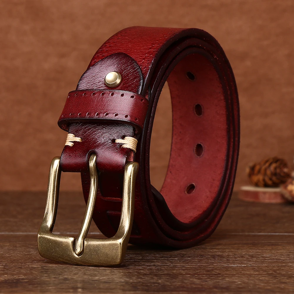 The new version of the retro fashion trend with pure cowhide thickened copper braided leather casual denim belt