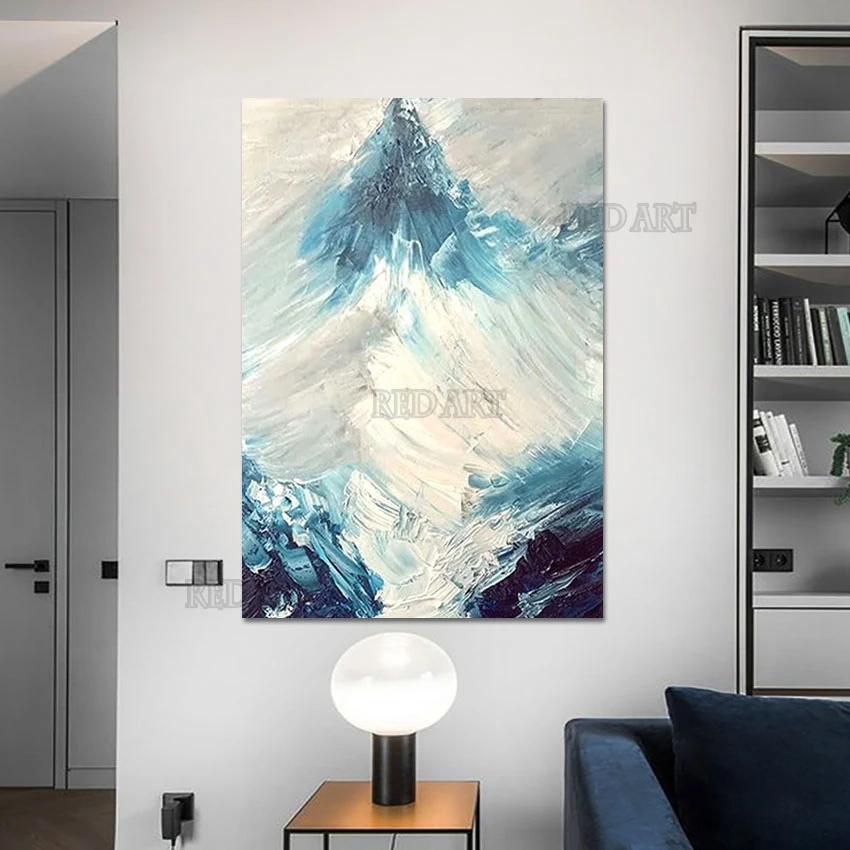 Canvas Oil Painting for Office Wall Decor, Hand Painted Poster, Nordic Art, Snowy Mountain Scene, Modern Hotel Porch Showing