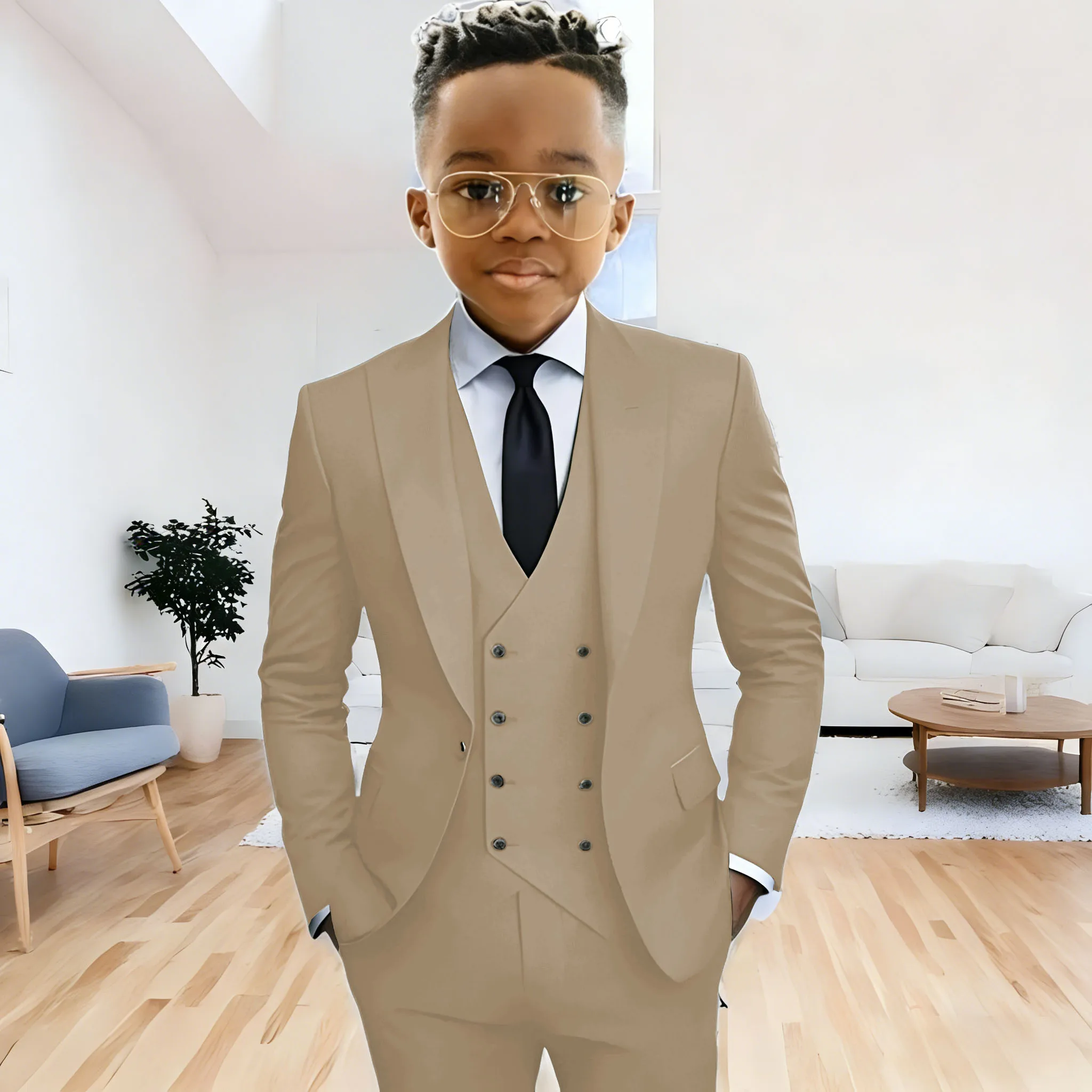 Dark Green boy's suit 3-piece jacket vest pants Peaked lapel slim fit attire for wedding prom dinner party custom kids tuxedo