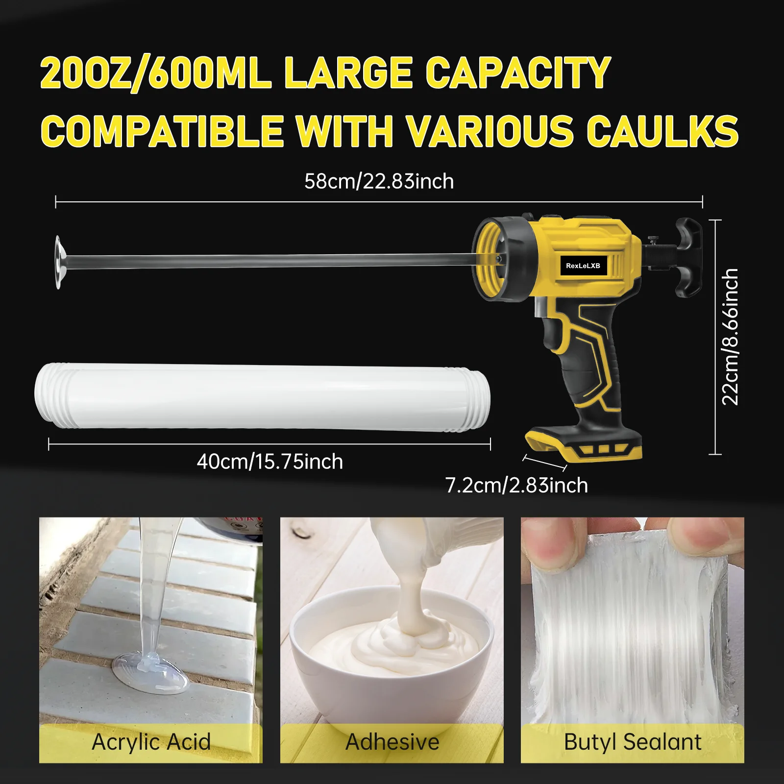 Cordless Caulking Gun 20oz/600ml Electric Sausage Caulk Gun 4 Adjustable Speeds Filling Tool for Dewalt 20V Battery (No Battery)