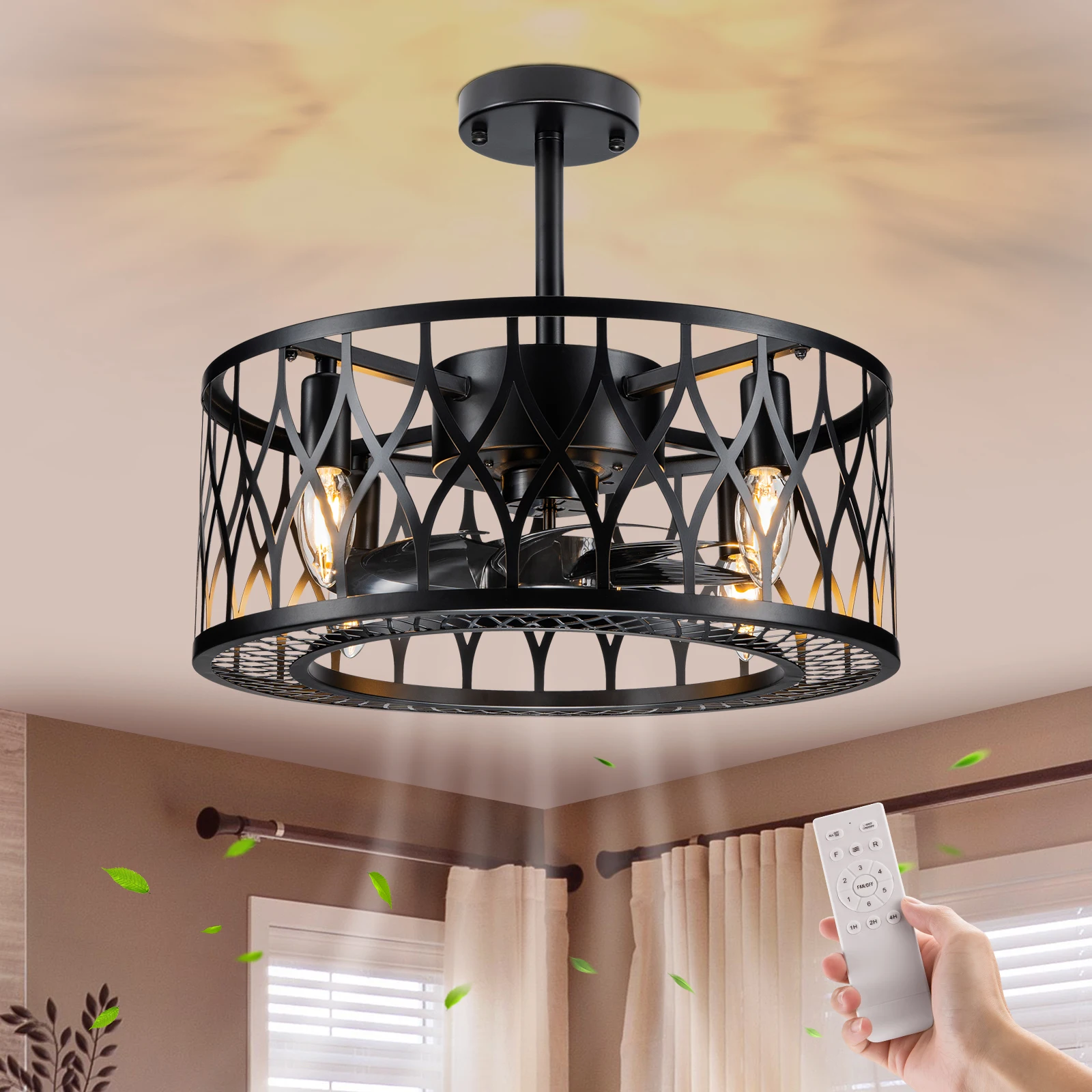 

NookNova 18 inch Caged Ceiling Fan with Light and Remote Farmhouse Low Profile Bladeless Ceiling fan