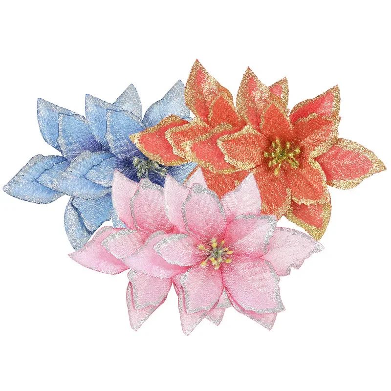 

5pcs 12cm Christmas Artificial Flowers Gold Red Poinsettia Flower Heads for Xmas Tree Decoration Drop Ornament Wedding Florals