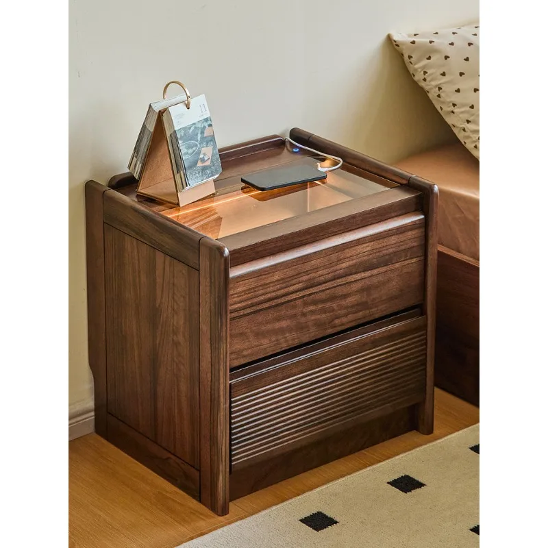 Black walnut bedside table Japanese simple all solid wood bedside cabinet brown glass countertop touch night light storage cabin