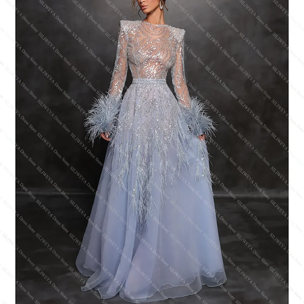 

Romantic Blue Illusion Evening Elegant Long sleeves Sequins Feathers Formal Dinner Red Carpet Dress for Special Occasion