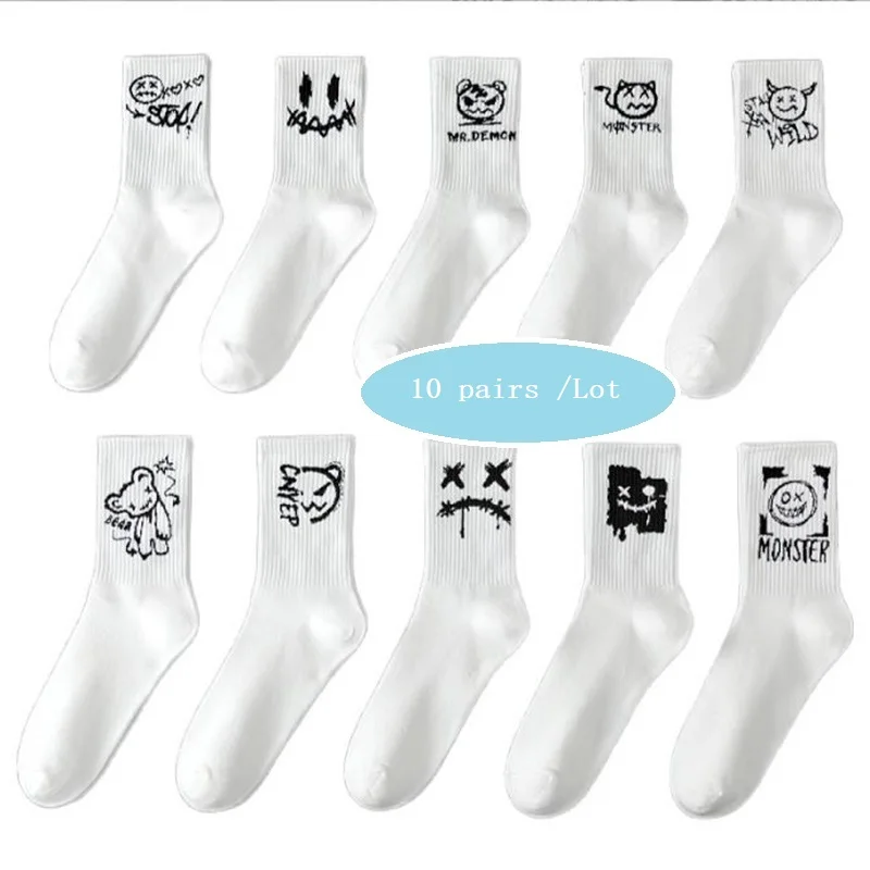 

10 pairs Women Men Socks Cotton Anime Devil Grimace Harajuku Black White Graffiti Fashion Long Funny medias Hip Hop Sox