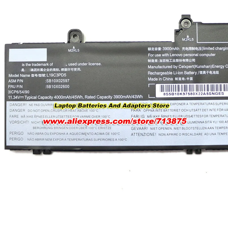 Genuine L19C3PD5 Battery SB10X02597 for Lenovo ThinkPad E15 E14 Gen 2 Series L19D3PD5 L19L3PD5 L19M3PD5 11.34V 4000mAh 45Wh