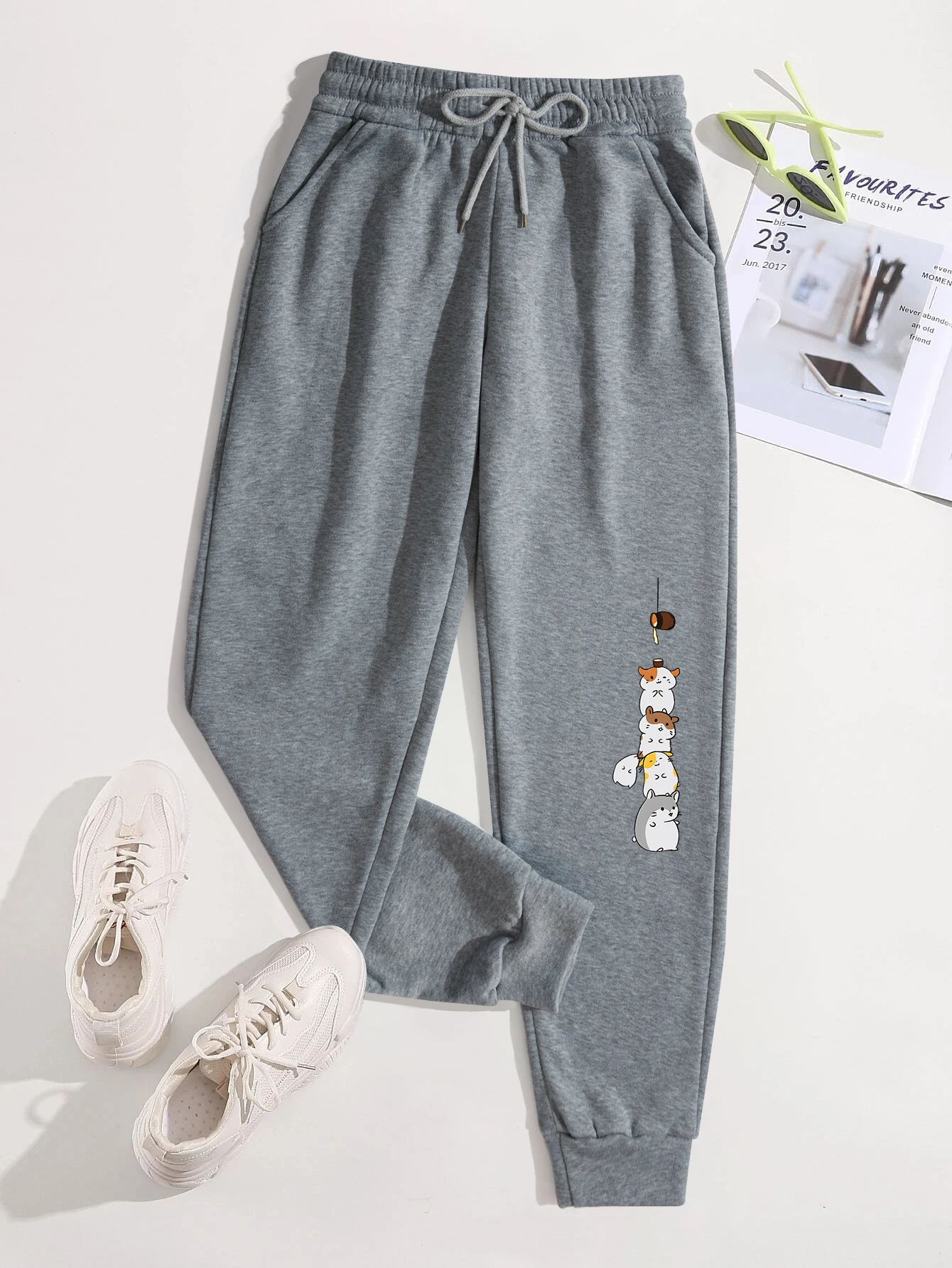Stacked Cute Hamsters Print Pants Woman Fashion Fleece Sweatpants Autumn Multicolor Long Pant Drawstring Pocket Joggers Trousers