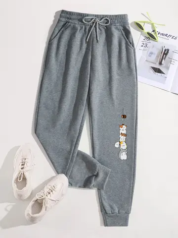 Stacked Cute Hamsters Print Pants Woman Fashion Fleece Sweatpants Autumn Multicolor Long Pant Drawstring Pocket Joggers Trousers