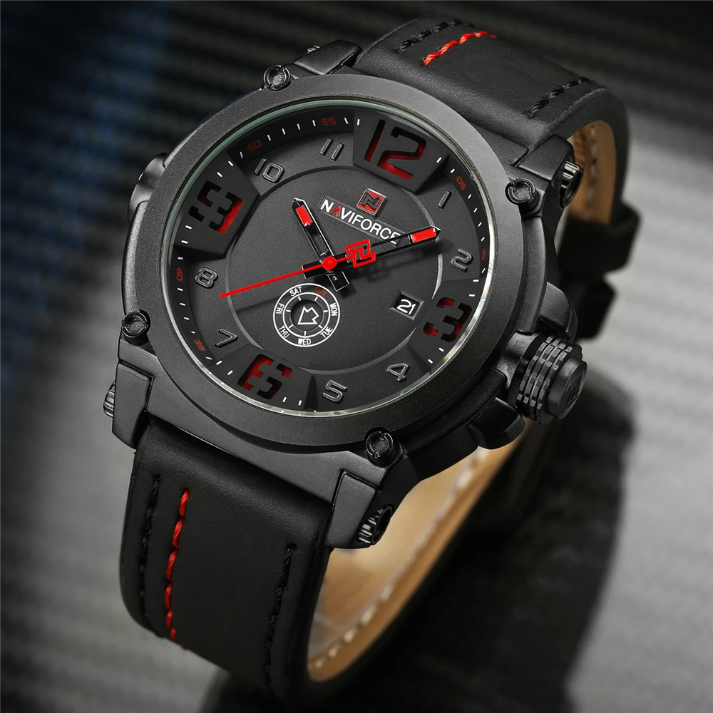 NAVIFORCE Fashion Sport 3ATM Waterproof Date Week Quartz Leather Men Watch Male Clock Hour Time Relogio Masculino 2018 Black New