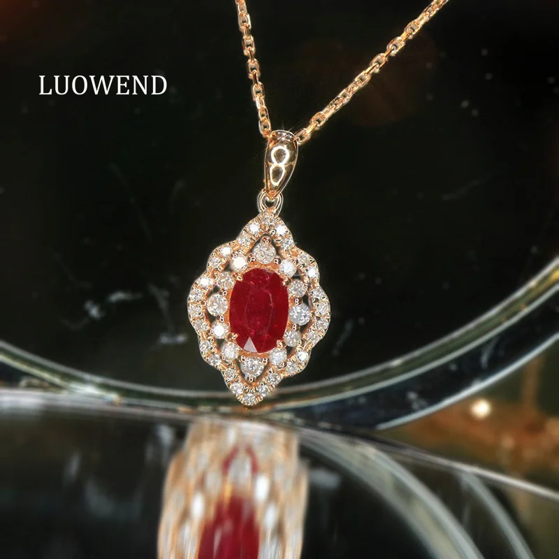 

LUOWEND 100% 18K Rose Gold Necklace Vintage Palace Style Shiny Diamond Natural Ruby Necklace for Women High Anniversary Gift