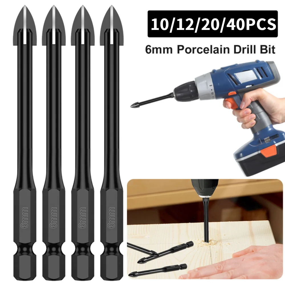 

10-40 шт., 6 мм, набор крестообразных шестигранных сверл для плитки, фарфора, стекла, зеркала, многофункциональный набор сверл для фарфора для плитки, карбид D