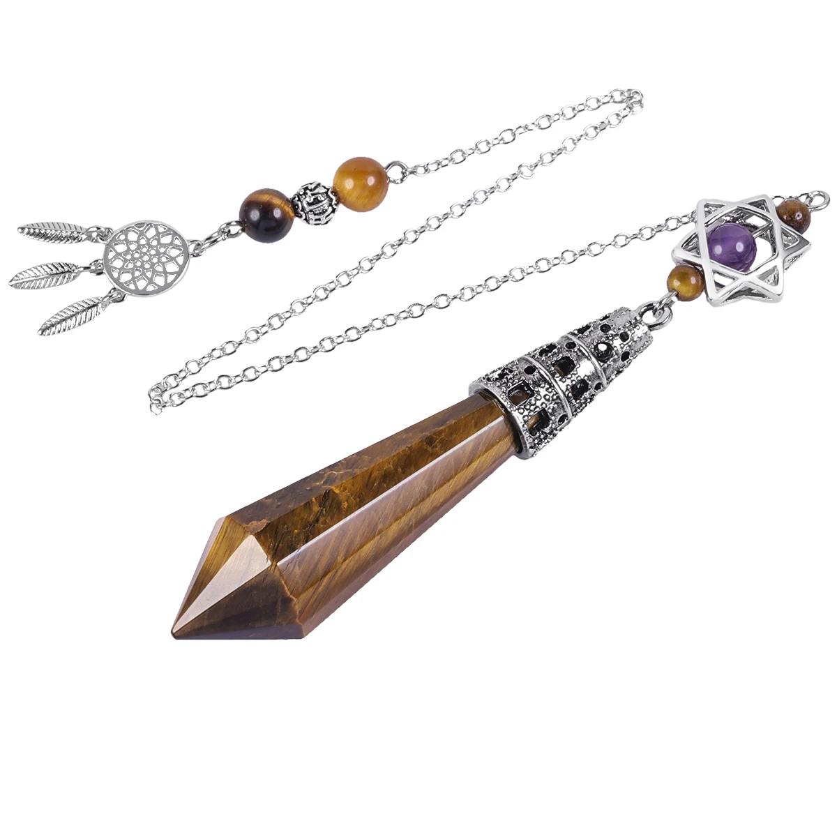 Faceted Crystal Point Stone Pendant Pendulum With Merkaba Star and Dream Catcher For Divination Meditation Chakra Balancing