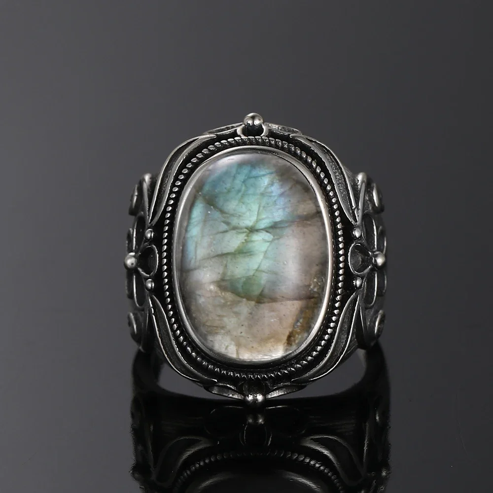 Silver Ring for Women Oval Round Natural Labradorite Ring Gift Sun Shaped Retro Luxury Fine Jewelry