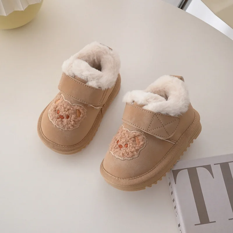 2023 Winter Children Snow Boots Cartoon Bear Embroidery Thick Fleece Warm Boot Boys Girl Toddler Shoes Fashion Korean Kids Boots