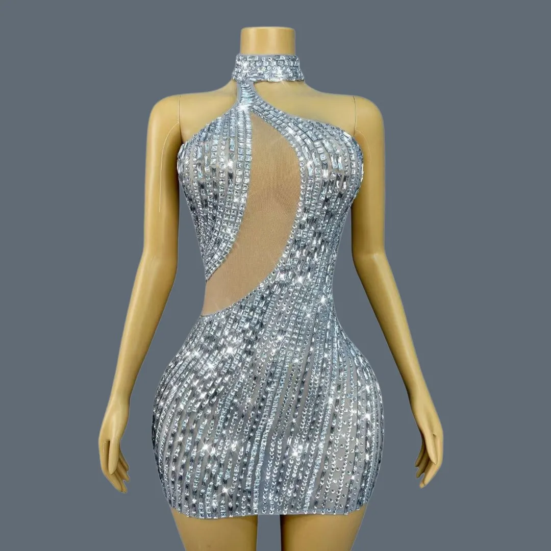 

Sprakly Silver Crystals Women Sexy Mesh See Through Mini Dress Luxury Birthday Party Event Photo Shoot Performance Costume Yueya