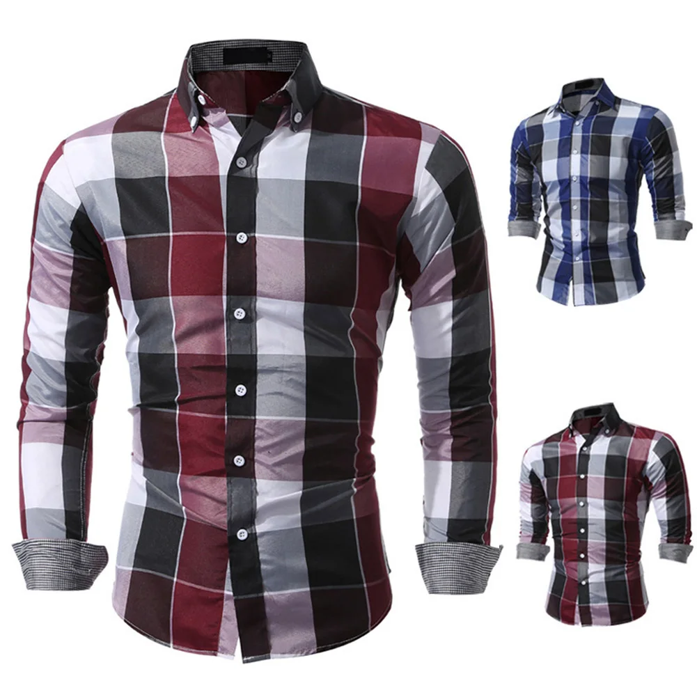 

Men's Casual Long Sleeve Shirts Buttoned Turn Down Collar Soft Top Male Patchwork Grid Shirt Blouse