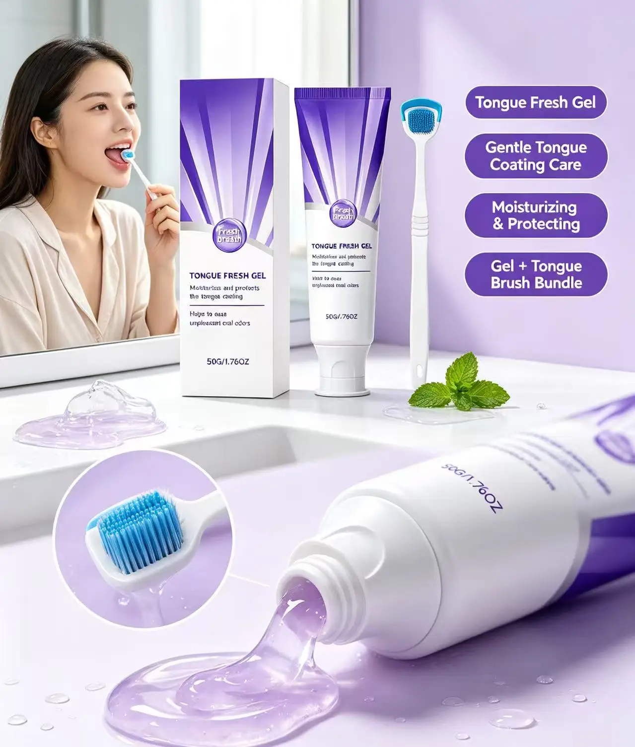 Tongue Fresh Gel  With Tongue Scraper Gentle Tongue Coating Cleaner Helps Freshen Breath Oral Care Gel For Daily Mouth Cleaning