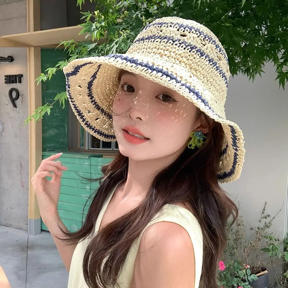 الأزياء اليدوية القش غطاء دلو عطلة الشاطئ نسج قبعة كروشيه الصيف الجوف صياد قبعات الإناث