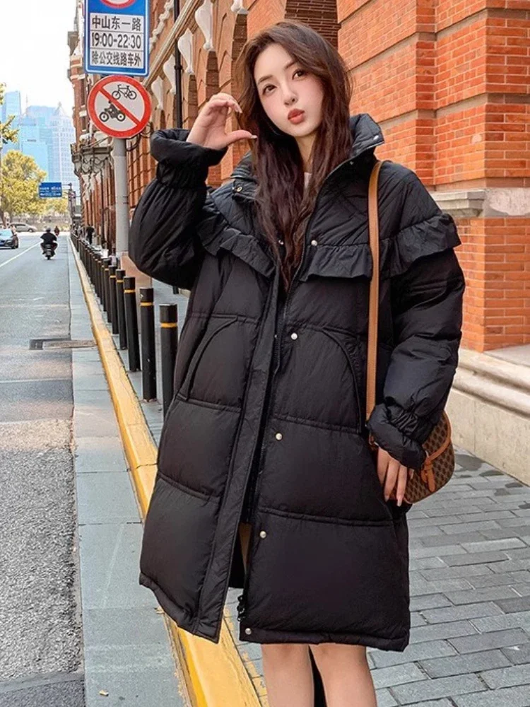 Super Plus Size Down Jacket Winter Flower Bud Sleeves Ruffle Edge Loose Elegant Sweet Thicken Long White Duck Puffer Coat Women