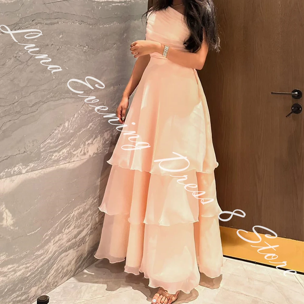 Customized Luxury Chiffon A-Line Tiered Evening Dress Strapless Floor Length Sleeveless Panel Train Photo Color Prom Gowns