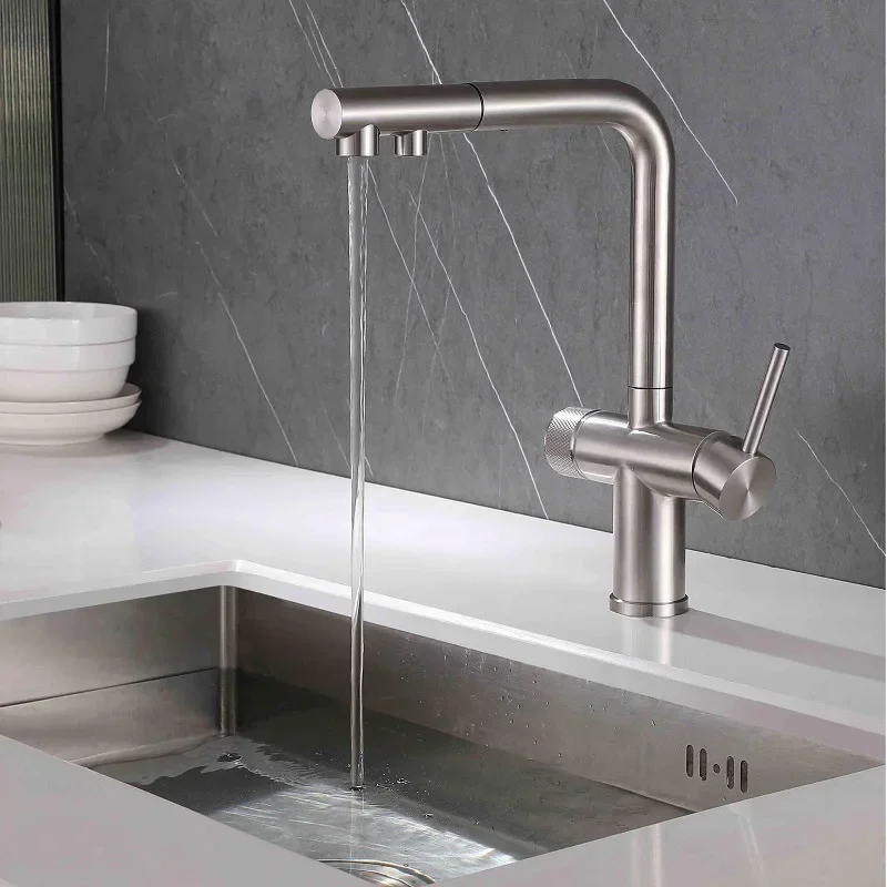 

304 Stainless Steel Pull Out Filter Kitchen Faucet Drinking Water Kitchen Tap Dual Handle Hot and Cold Water Mixer Sink Tap