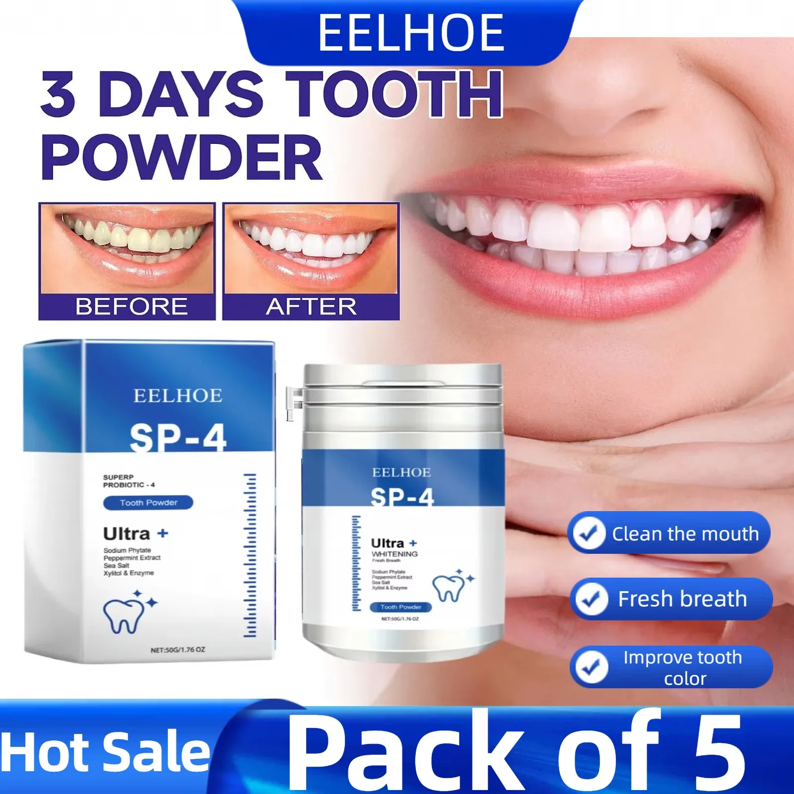 5pcs Teeth Whitening Powder Removes Yellow Teeth Toothpaste Freshens Breath Protects Gum Health Deep Cleaning Tools Dental Care