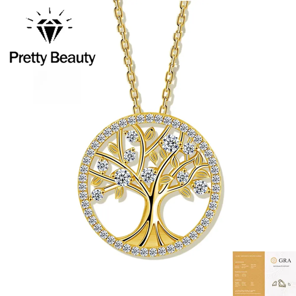 Pretty Beauty Moissanite Tree of Life Pendant Necklace for Women 925 Sterling Silver Gold Plated Jewelry Birthday Gift for Mom